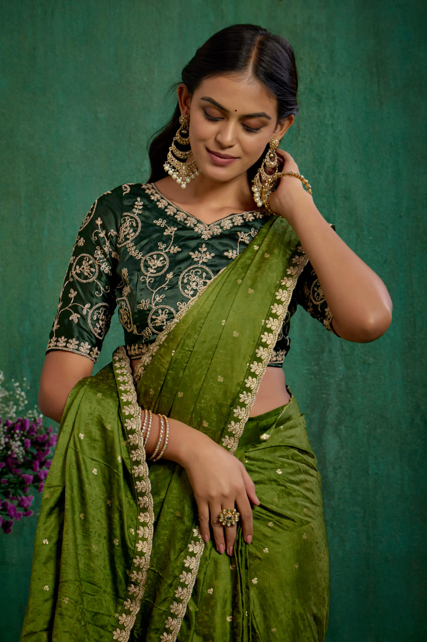 Olive Green Elegant Satin Jacquard Embroidery Ready to Wear Saree - Shop Now Online-RTW-4376
