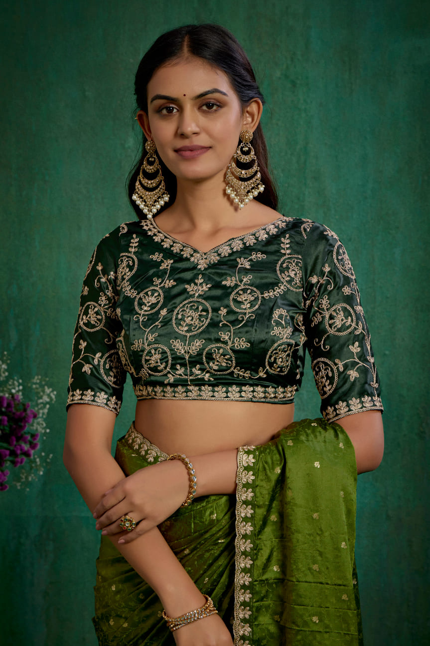 Olive Green Elegant Satin Jacquard Embroidery Ready to Wear Saree - Shop Now Online-RTW-4376