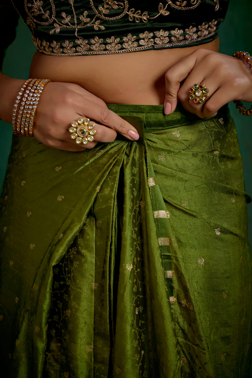 Olive Green Elegant Satin Jacquard Embroidery Ready to Wear Saree - Shop Now Online-RTW-4376