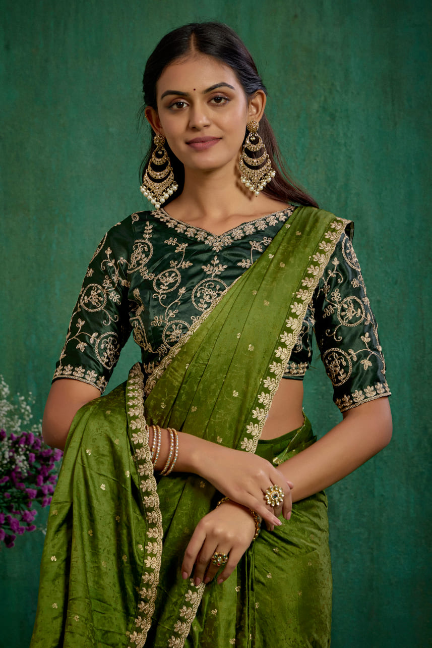 Olive Green Elegant Satin Jacquard Embroidery Ready to Wear Saree - Shop Now Online-RTW-4376