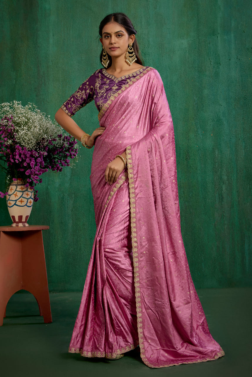 Elegant Pink Satin Jacquard Embroidery Ready to Wear Saree - Shop Now Online-RTW-4379