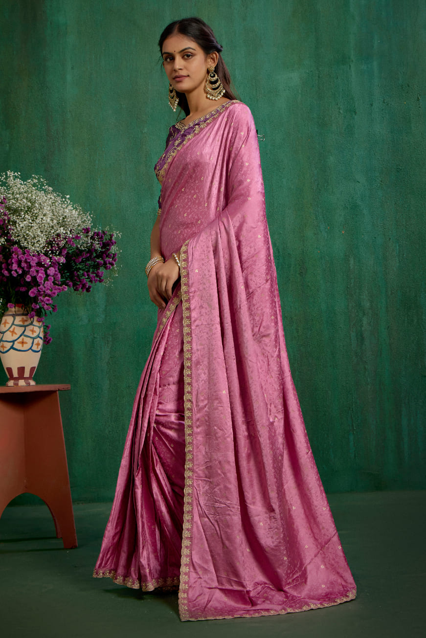 Elegant Pink Satin Jacquard Embroidery Ready to Wear Saree - Shop Now Online-RTW-4379