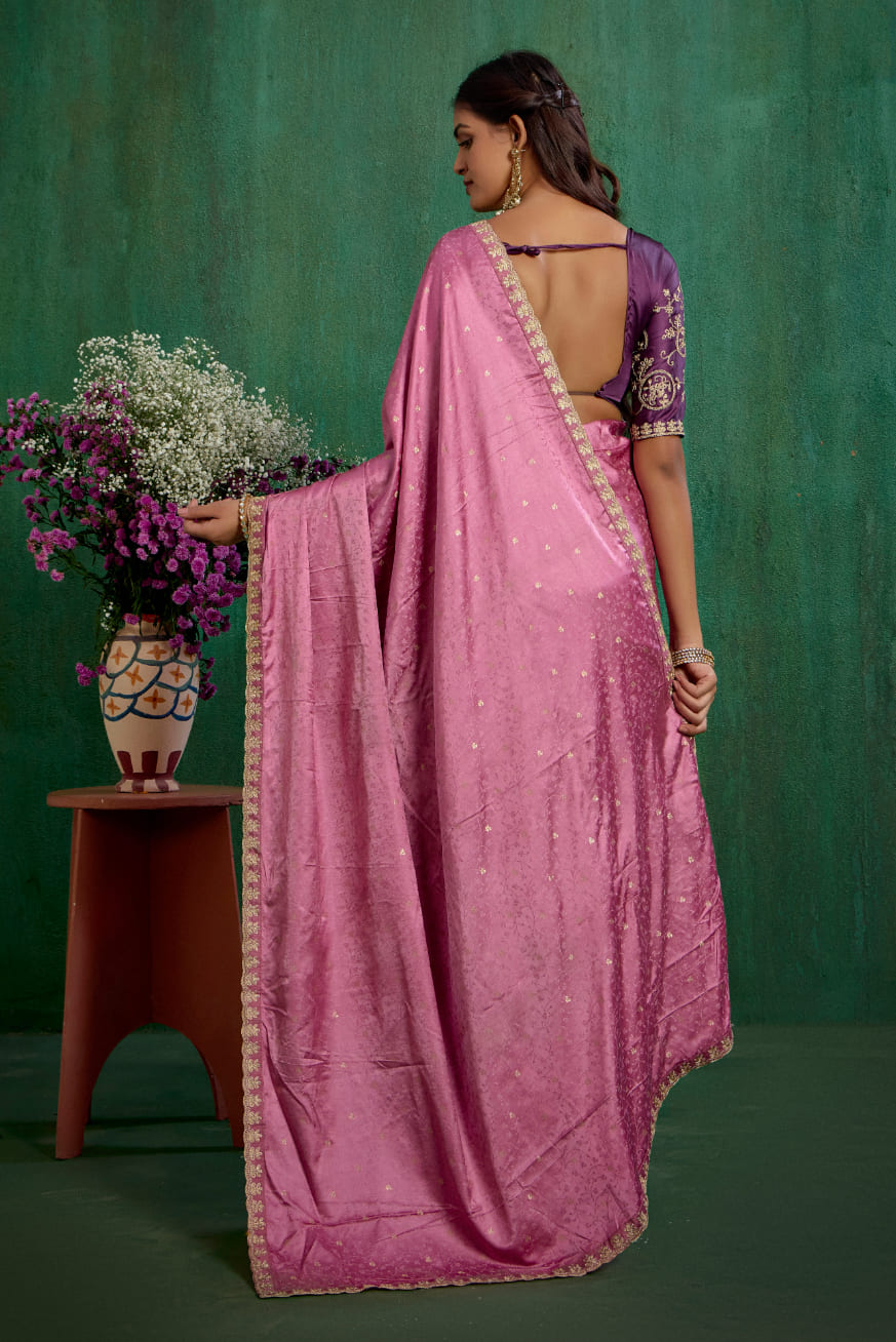 Elegant Pink Satin Jacquard Embroidery Ready to Wear Saree - Shop Now Online-RTW-4379