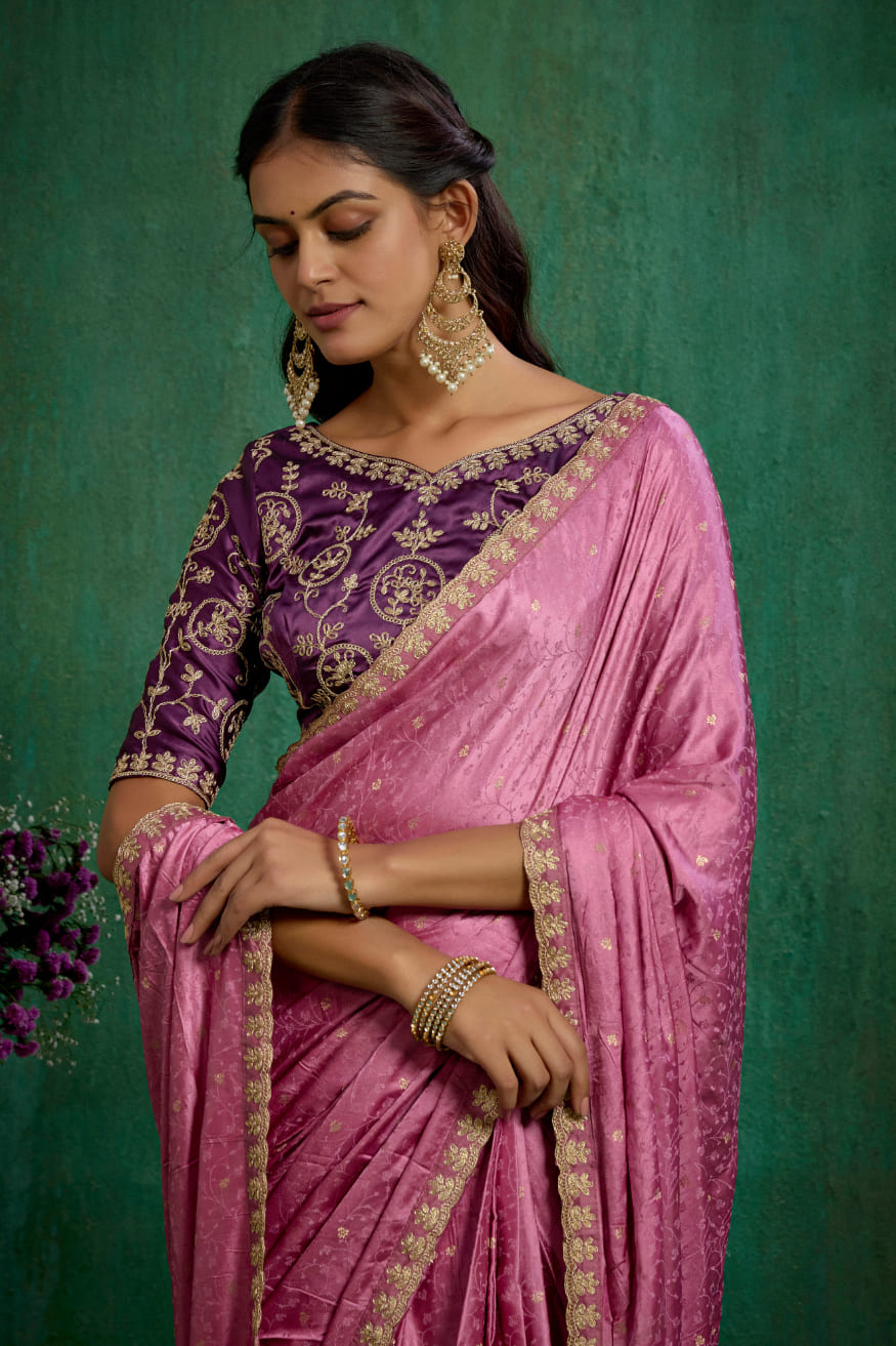 Elegant Pink Satin Jacquard Embroidery Ready to Wear Saree - Shop Now Online-RTW-4379