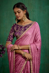 Elegant Pink Satin Jacquard Embroidery Ready to Wear Saree - Shop Now Online-RTW-4379
