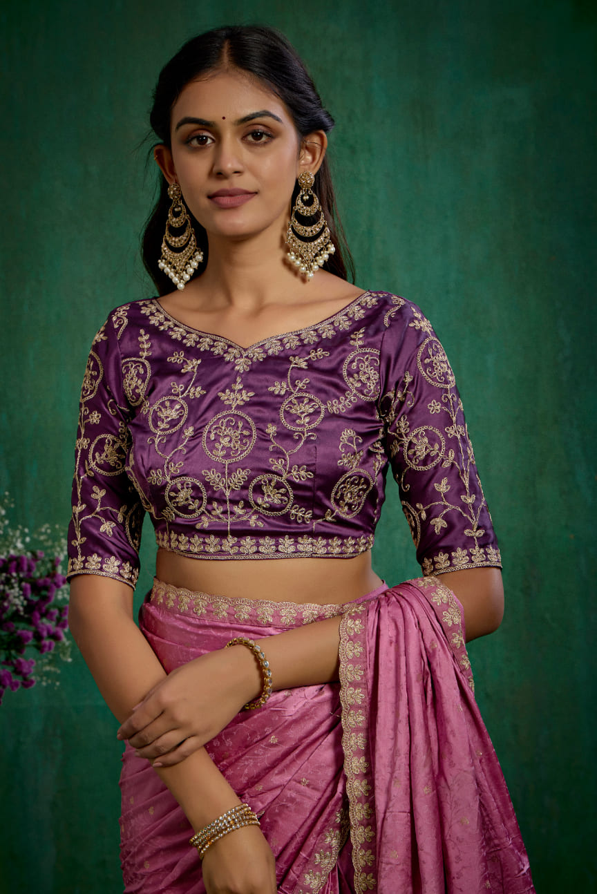 Elegant Pink Satin Jacquard Embroidery Ready to Wear Saree - Shop Now Online-RTW-4379