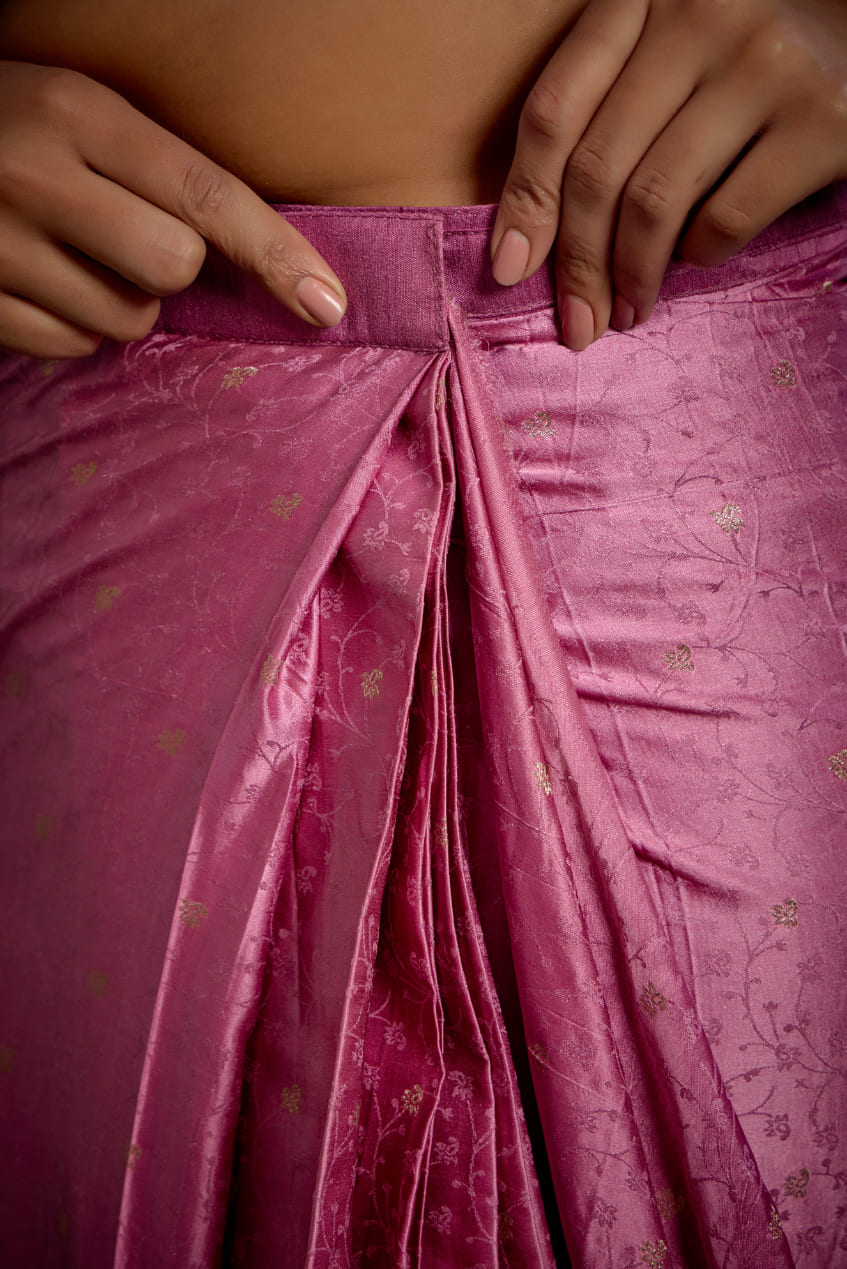 Elegant Pink Satin Jacquard Embroidery Ready to Wear Saree - Shop Now Online-RTW-4379