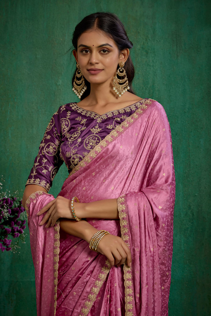 Elegant Pink Satin Jacquard Embroidery Ready to Wear Saree - Shop Now Online-RTW-4379